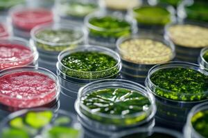 Colorful algae samples displayed in petri dishes at a lab photo