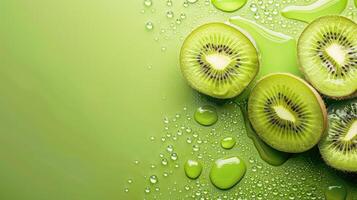 Fresh Kiwi Slices Glistening With Dewy Drops on a Lush Green Background photo