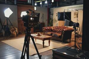 The Professional Studio Setup for an Interview Featuring an Armchair and Microphone photo
