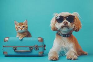 A stylish puppy and playful kitten ready for adventure photo