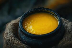 Golden turmeric paste in a rustic clay bowl photo