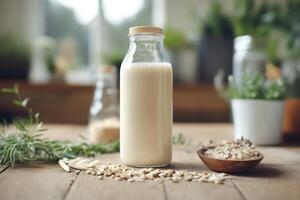 Creamy oat milk in a rustic kitchen setting photo