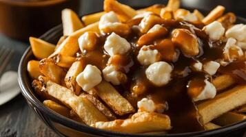 Close up of poutine, a classic Canadian dish. photo