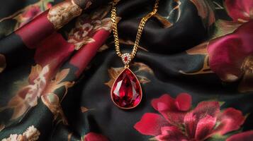 Ruby Pendant Showcased with Silk Elegance and Luxury photo