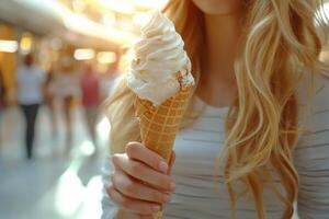 Delightful moment enjoying ice cream indoors on a sunny day photo