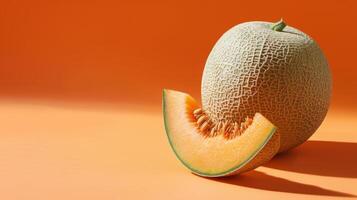 A Freshly Sliced Cantaloupe Against A Warm Orange Background photo
