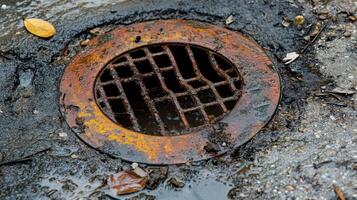 Broken drain cover on a sewer pipe with debris blocking the way. photo