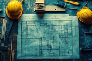 Detailed construction blueprint on a workspace table photo