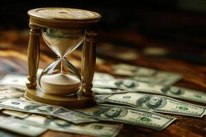Time flows with wealth amidst scattered dollar bills photo