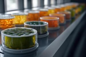 Colorful gelatin desserts lined up on a bright countertop photo