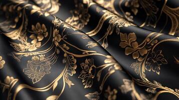Intricate Patterns Displayed on Elegant Black and Gold Fabric Waves photo