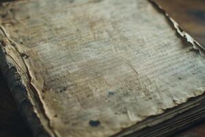Ancient manuscript resting on a wooden table in dim light photo