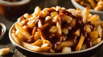 Detailed view of poutine, showcasing the signature Canadian comfort food. photo