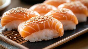 Elegant Display of Salmon Nigiri Sushi with Gourmet Toppings photo