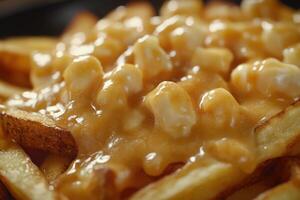 Delicious poutine served on a rustic wooden table photo