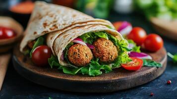 Fresh falafel wrap featuring a crisp salad and juicy tomatoes. photo