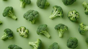 A Symphony of Green Fresh Broccoli Florets Arranged on a Vibrant Green Background photo