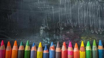 A Row of Colorful Pencils Against a Chalkboard Background photo