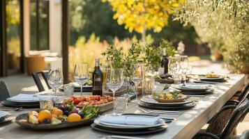 Stylish outdoor dining arrangement with a long, elegant table. photo