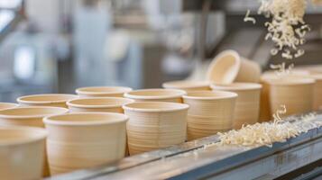 A Row of Newly Formed Paper Cups in a Factory Setting photo