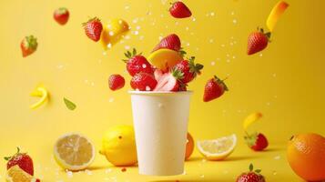 A Splash of Summer Strawberries and Citrus Dance in a Paper Cup Against a Vibrant Yellow Background photo