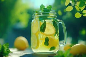 Refreshing lemonade with mint in sunny garden setting photo