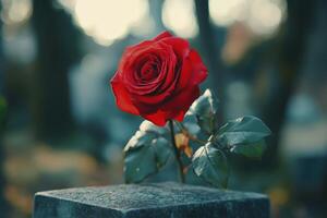 A vibrant red rose placed on a stone memorial photo