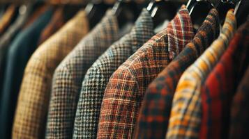 Detailed View of Plaid Jackets Displayed on a Clothing Rack photo