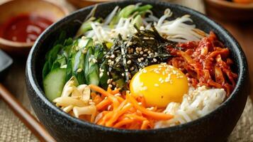 Flavorful bibimbap bowl adorned with a variety of toppings. photo
