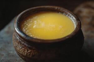 Golden ghee in a rustic handcrafted bowl on a wooden surface photo