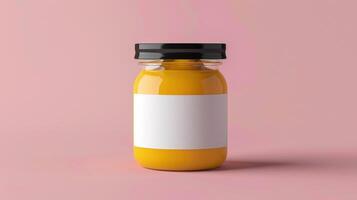 A Single Glass Jar Filled With Golden Honey On A Pink Background photo