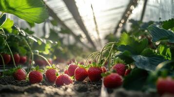 Cultivating strawberries within a greenhouse covered in plastic sheeting. photo