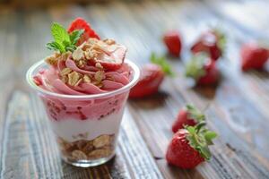 A Creamy and Refreshing Strawberry Yogurt Dessert Served in a Cup photo