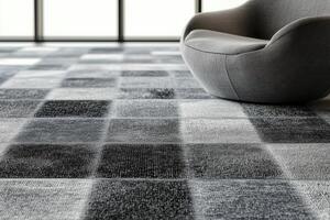 Elegant gray patterned rug with modern chair in bright space photo