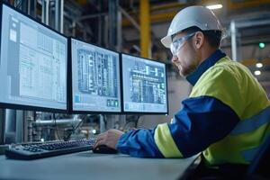 Engineer monitors control systems in modern industrial facility photo