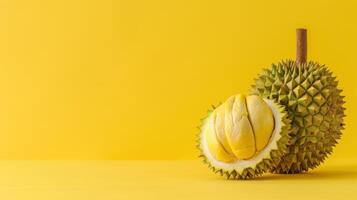 A Durian's Delight A Close-Up Look at the King of Fruits Against a Vivid Yellow Background photo