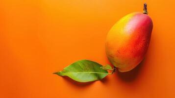 A Single Mango Resting on a Bright Orange Background photo