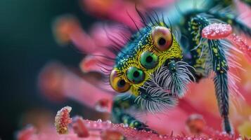 A Colorful Jumping Spider Perches on a Pink Flower Petal photo