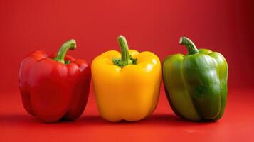A Vibrant Trio of Bell Peppers Against a Bold Red Backdrop photo
