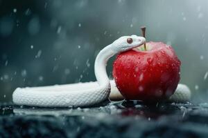 The Symbolic Image of a White Snake Circled Around an Apple in a Classic Narrative photo