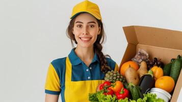 A Cheerful Delivery Driver Holding a Box of Fresh Produce photo