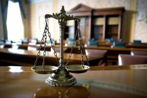 Justice Symbols Including a Gavel and Scale Resting on a Desk, Representing Courtroom Elegance photo