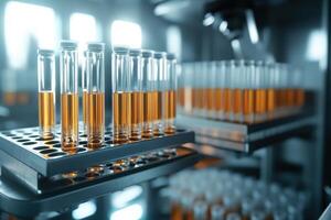 Laboratory setting with test tubes holding amber liquid photo