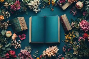 Open book surrounded by vibrant flowers in a cozy setting photo