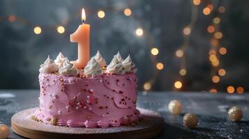 A Single Candle Illuminates a Pink Birthday Cake With Whimsical Decorations photo