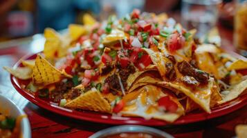 A Cheesy Mountain Of Nachos Ready To Be Devoured photo