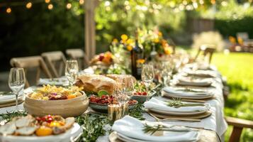 Sophisticated outdoor dining setup showcasing a lengthy table. photo