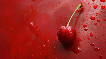 A Single Cherry, Glistening With Dew, Upon a Crimson Surface photo