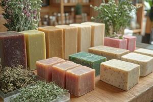 Artisan soap display with fresh herbs in a market photo