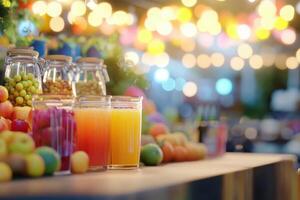 Vibrant market scene with fresh juices and fruits during twilight photo